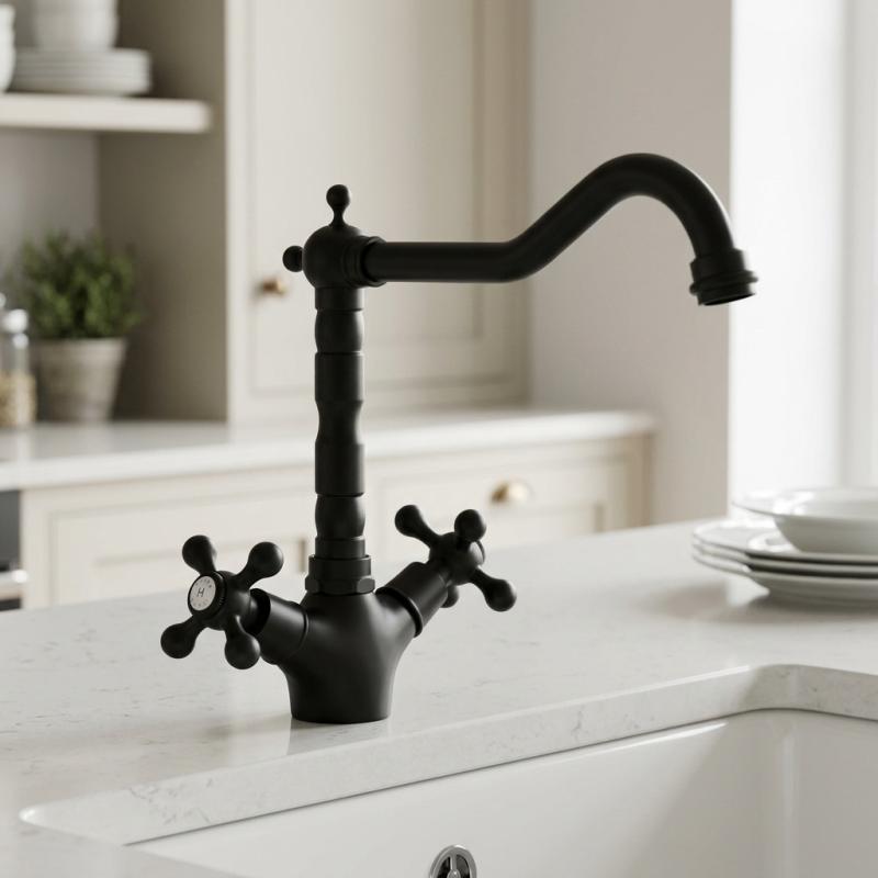 Aquanello Heritage Ascot Klassieke Keuken Nostalgische Keukenkraan Zwart met Haakse Uitloоp BL-4002-HA